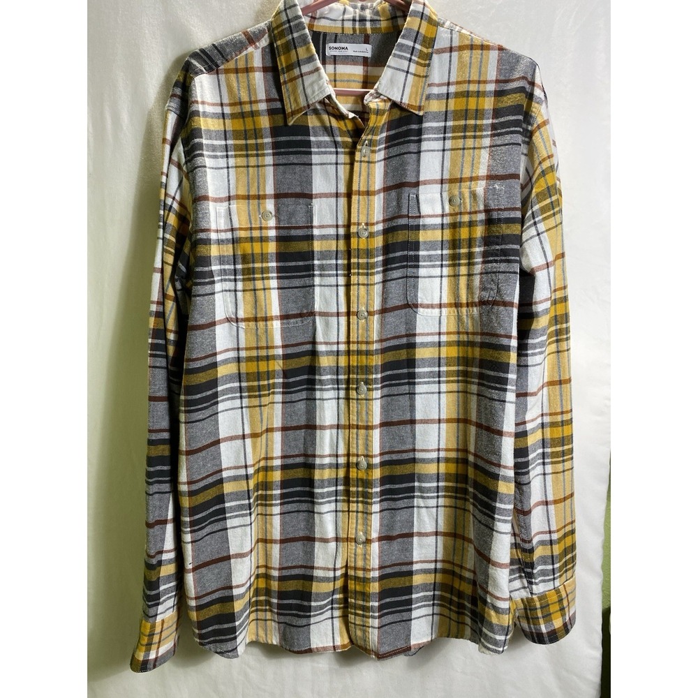 Plaid Button Down Sonoma Mens Long Sleeve Shirt Cotton L‎ Multicolor Yellow